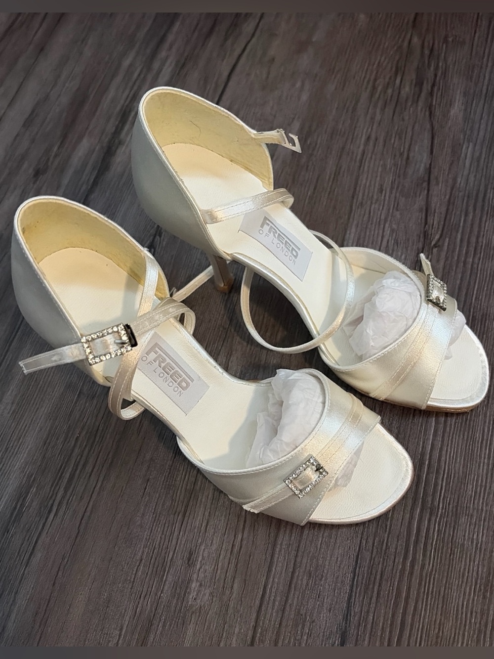 Freed London Ivory Satin Peep-Toe Heels with Rhinestone Buckle